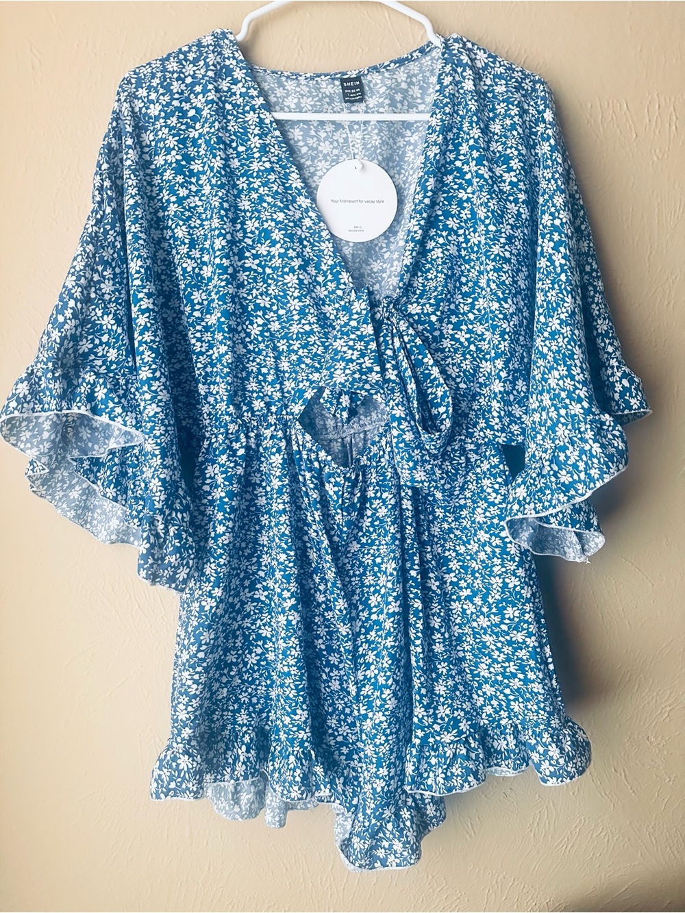 SHEIN Blue Floral Tie-Front Ruffle women’s vcay romper